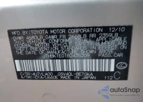 2011 Lexus Es 350 from USA, damaged, VIN JTHBK1EG1B2435209